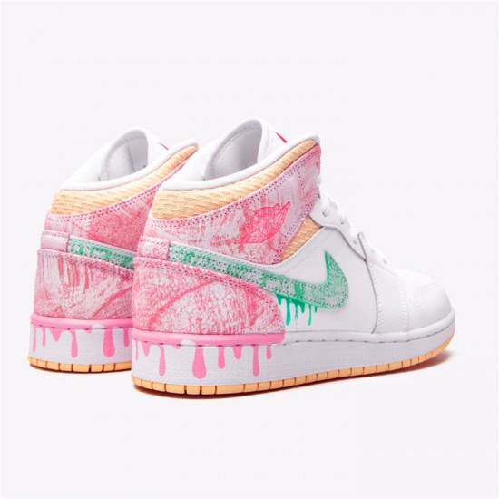 KicksOnFire Jordan 1 Mid Paint Drip (GS) White/Green Glow-Arctic Punch DD1666-100